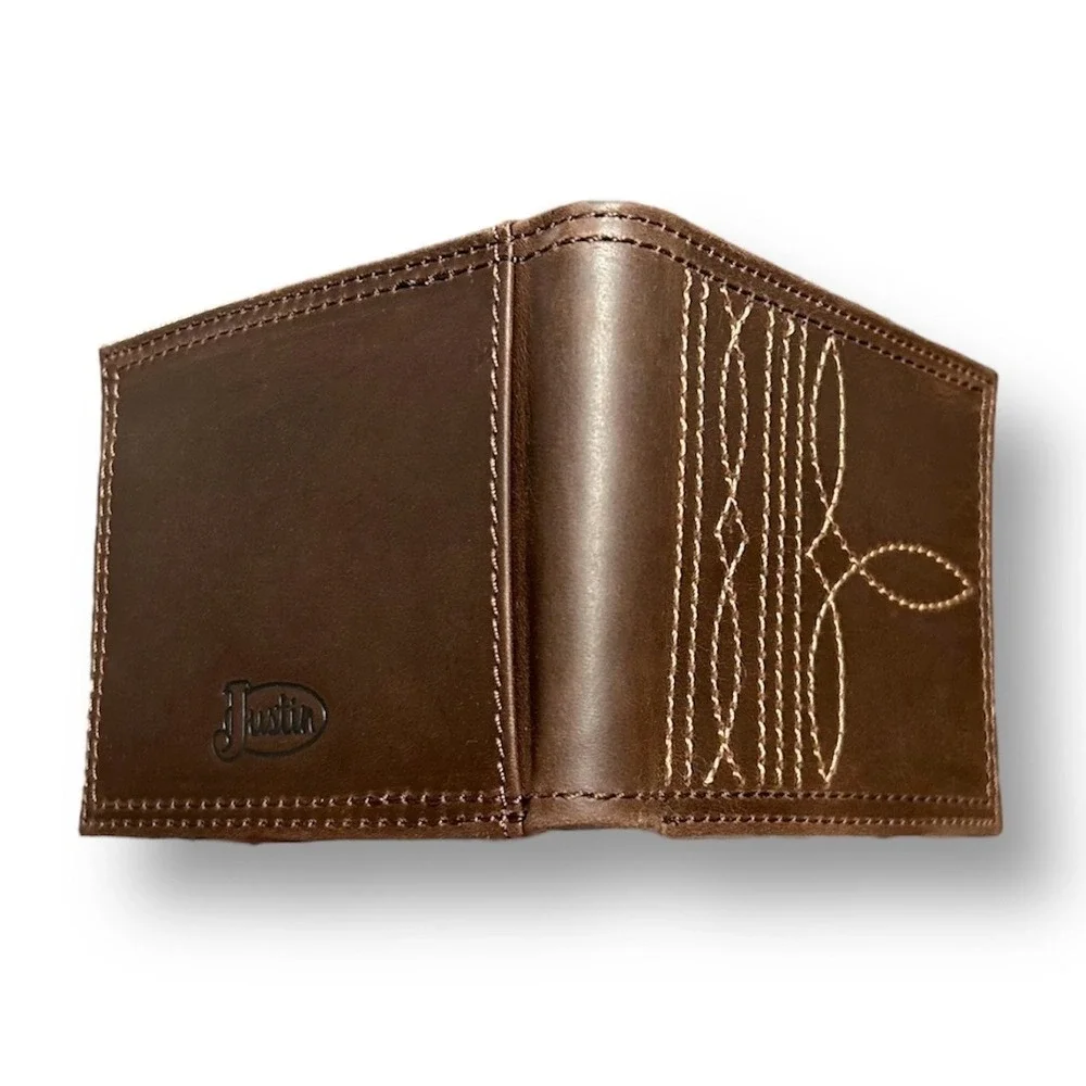 New Justin Brown Genuine Leather Bifold Wallet RFID Western Rodeo Boot Stitching